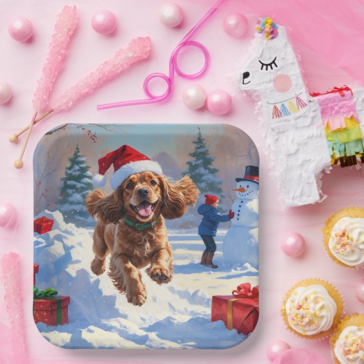 Cocker Spaniel loopt in de sneeuw met kerst Pet Papieren Bordje (Feest)