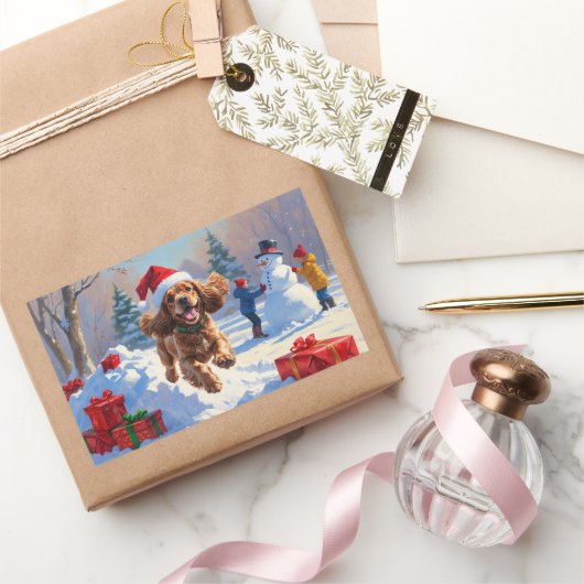 Cocker Spaniel loopt in de sneeuw met kerst Pet Rechthoekige Sticker (Geschenken)