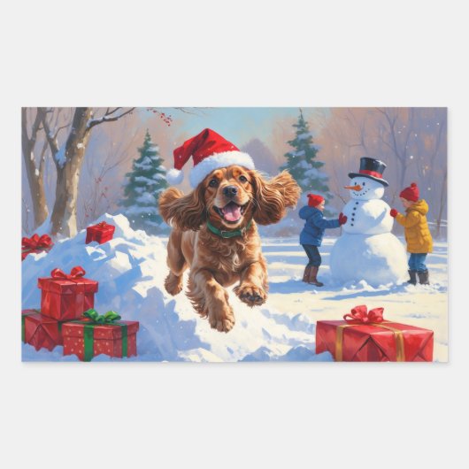 Cocker Spaniel loopt in de sneeuw met kerst Pet Rechthoekige Sticker (Voorkant)