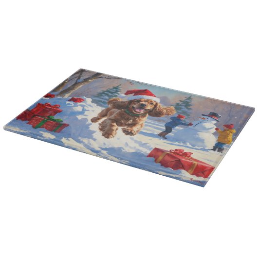 Cocker Spaniel loopt in de sneeuw met kerst Pet Snijplank (Hoek)