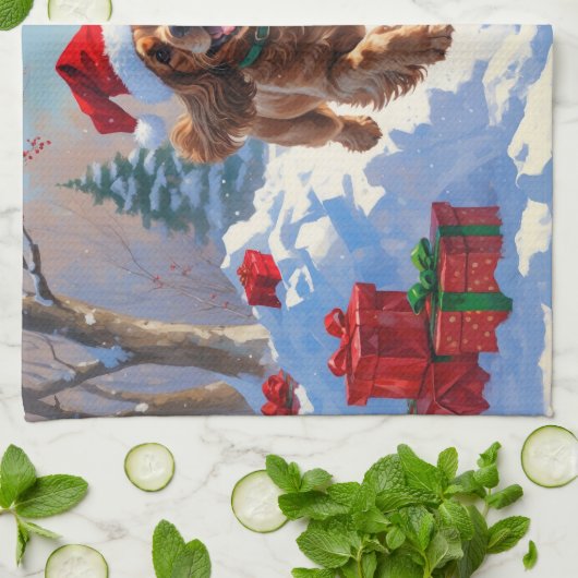 Cocker Spaniel loopt in de sneeuw met kerst Pet Theedoek (Gevouwen)