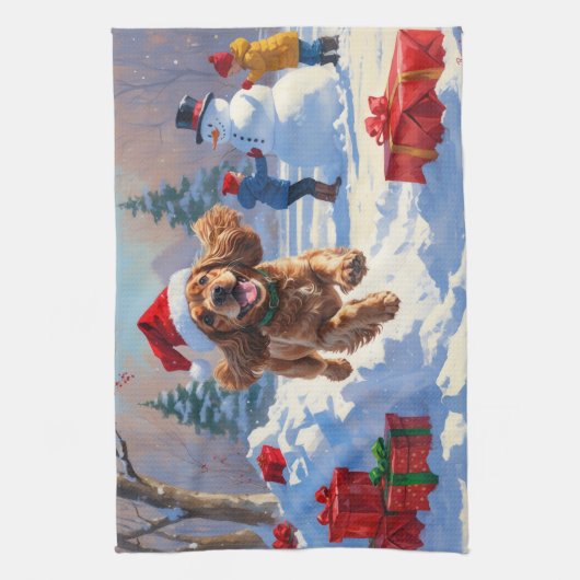 Cocker Spaniel loopt in de sneeuw met kerst Pet Theedoek (Verticaal)