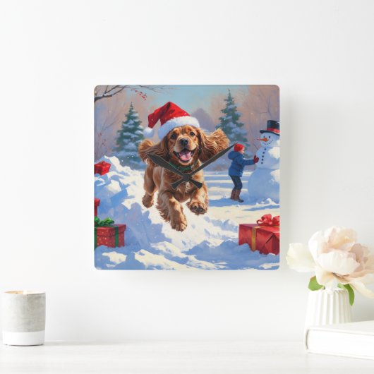 Cocker Spaniel loopt in de sneeuw met kerst Pet Vierkante Klok (Huis)