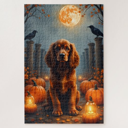 Cocker Spaniel Maanverlichte Pompoenveld Halloween Legpuzzel (Verticaal)