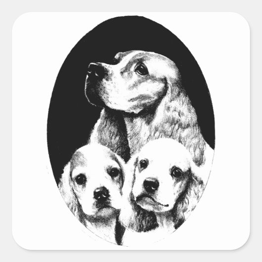 Cocker Spaniel Mam en puppy dogs kunst Vierkante Sticker (Voorkant)