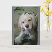 COCKER SPANIEL MET BIER-HAPPY **21ste VERJAARDAG** Kaart (Gele Bloem)