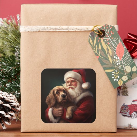 Cocker Spaniel met Kerstman Festieve Kerst Vierkante Sticker (Feestdagen)