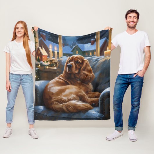 Cocker Spaniel met kerstverlichting Vakantie Fleece Deken (In situ)