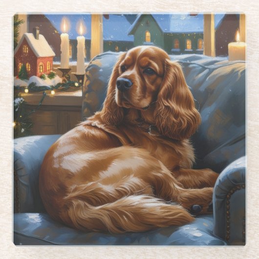 Cocker Spaniel met kerstverlichting Vakantie Glazen Onderzetter (Voorkant)