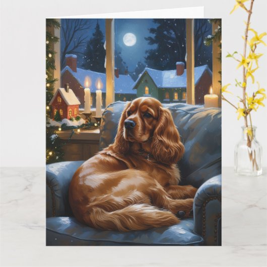 Cocker Spaniel met kerstverlichting Vakantie Kaart (Gele Bloem)