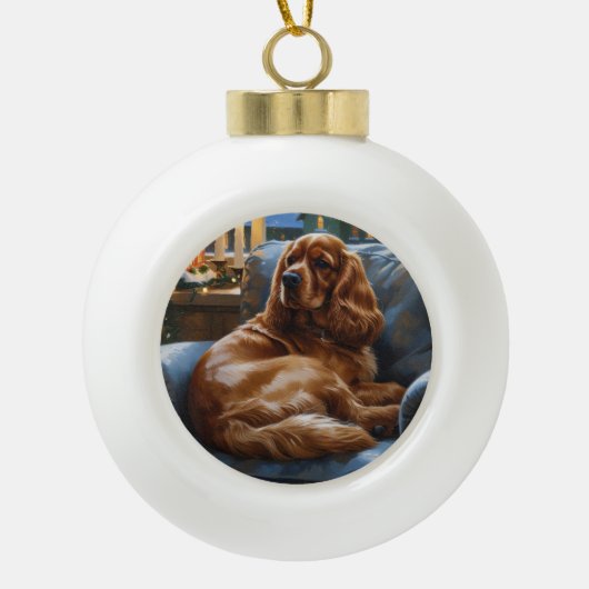 Cocker Spaniel met kerstverlichting Vakantie Keramische Bal Ornament (Voorkant)