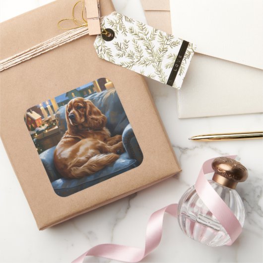 Cocker Spaniel met kerstverlichting Vakantie Vierkante Sticker (Geschenken)