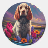 Cocker Spaniel op een peddel: Een landschappelijk  Ronde Sticker (Voorkant)