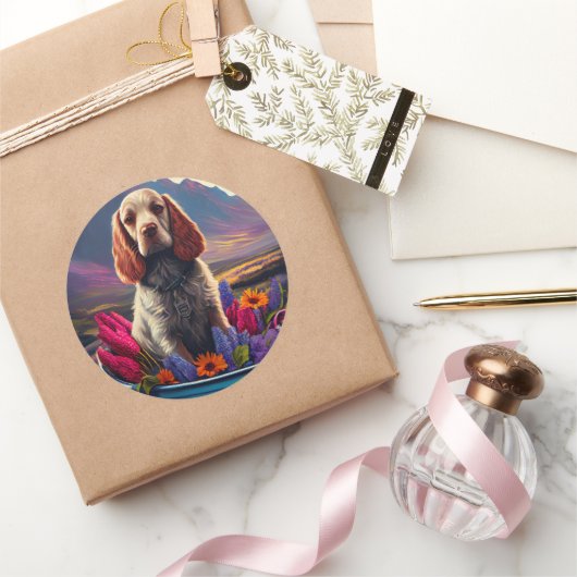 Cocker Spaniel op een peddel: Een landschappelijk  Ronde Sticker (Geschenken)