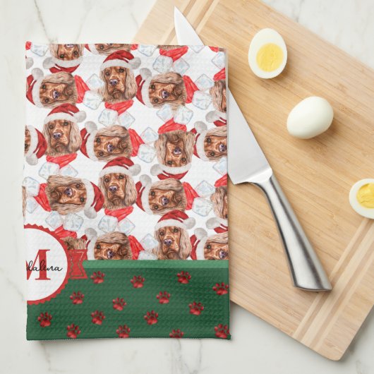 Cocker Spaniel Pattern Monogram Kerstmis Theedoek (Quarter Fold)