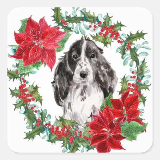 Cocker Spaniel Poinsettia Kerstmis Wreater Vierkante Sticker (Voorkant)