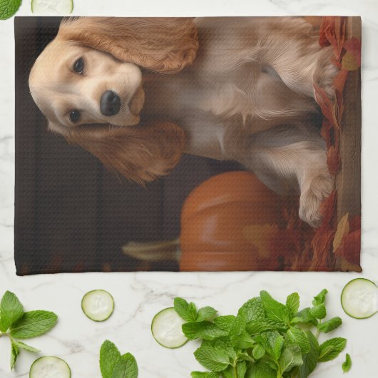 Cocker Spaniel Puppy Herfst Delight Pompoen Theedoek (Gevouwen)