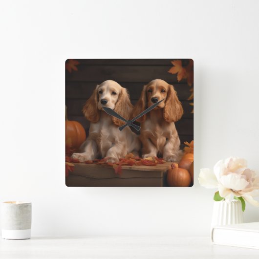 Cocker Spaniel Puppy Herfst Delight Pompoen Vierkante Klok (Huis)