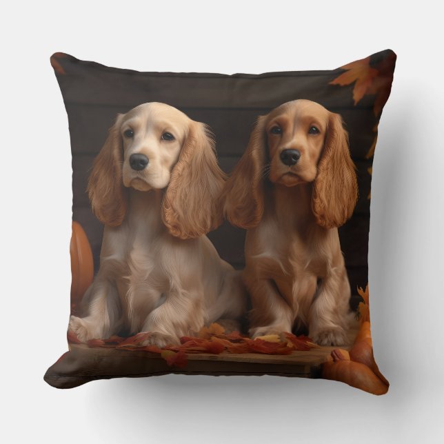 Cocker Spaniel Puppy Herfst Plezier Pompoen  Kussen (Voorkant)