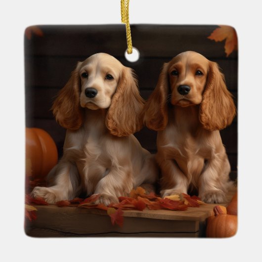 Cocker Spaniel Puppy Herfstvreugde Pompoen Keramisch Ornament (Voorkant)
