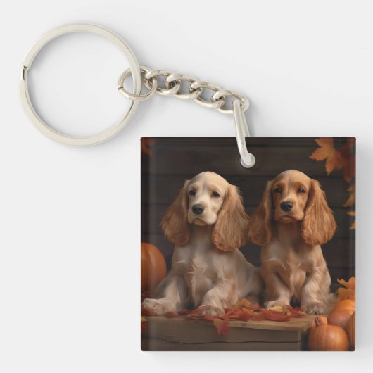 Cocker Spaniel Puppy Herfstvreugde Pompoen Sleutelhanger (Voorkant)