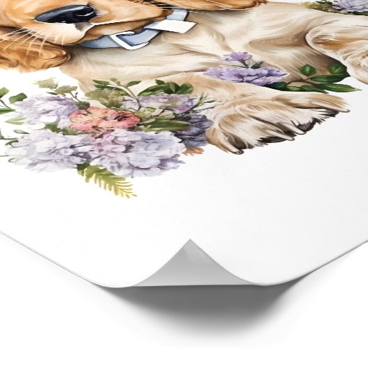 Cocker Spaniel Puppy Pet Waterverf Flower Poster (Hoek)