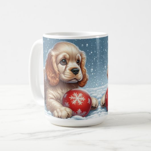 Cocker Spaniel Puppy Rust Op Sneeuw Met Een Bal Koffiemok (Voorkant links)