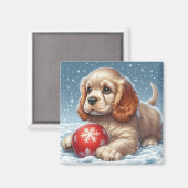 Cocker Spaniel Puppy Rust Op Sneeuw Met Een Bal Magneet (Voorkant / Achterkant)