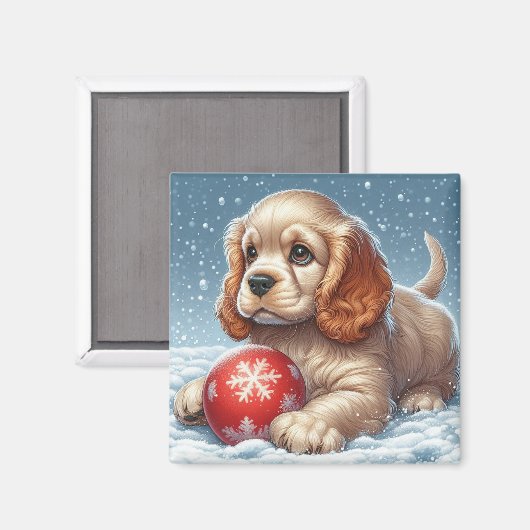 Cocker Spaniel Puppy Rust Op Sneeuw Met Een Bal Magneet (Voorkant / Achterkant)
