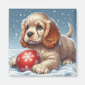 Cocker Spaniel Puppy Rust Op Sneeuw Met Een Bal Magneet (Voorkant)