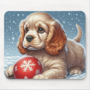 Cocker Spaniel Puppy Rust Op Sneeuw Met Een Bal Muismat