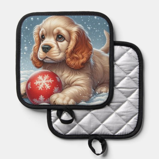 Cocker Spaniel Puppy Rust Op Sneeuw Met Een Bal Pannenlap (Voorkant / Achterkant)