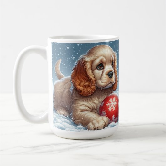 Cocker Spaniel Puppy Rustend in de Sneeuw Met een Koffiemok (Links)