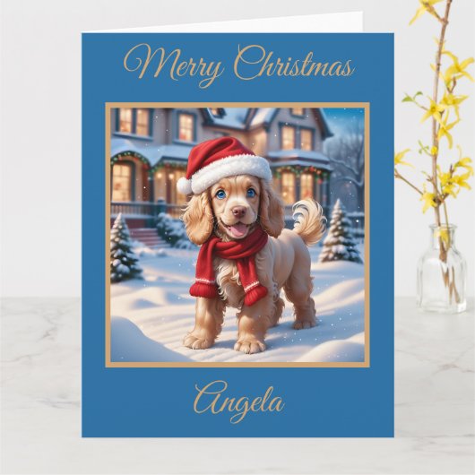 Cocker Spaniel Puppy spelen in de sneeuw Kaart (Gele Bloem)