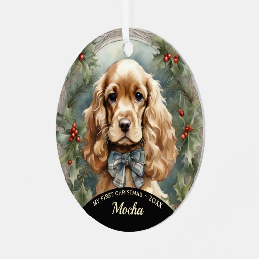 Cocker Spaniel Puppy's Eerste Kerst Ornament (Voorkant links)