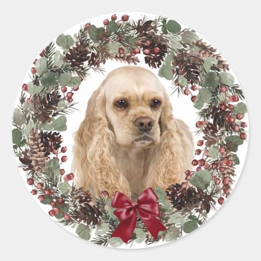Cocker Spaniel Red Bow Pinecone Wreater Kerstmis Ronde Sticker (Voorkant)