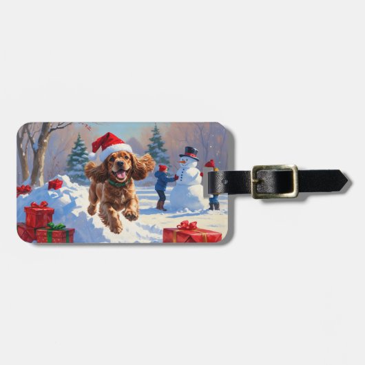 Cocker Spaniel Rent in de Sneeuw met Kerstmuts Bagagelabel (Voorkant horizontaal)