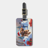 Cocker Spaniel Rent in de Sneeuw met Kerstmuts Bagagelabel (Voorkant verticaal)