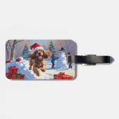 Cocker Spaniel Rent in de Sneeuw met Kerstmuts Bagagelabel (Achterkant horizontaal)