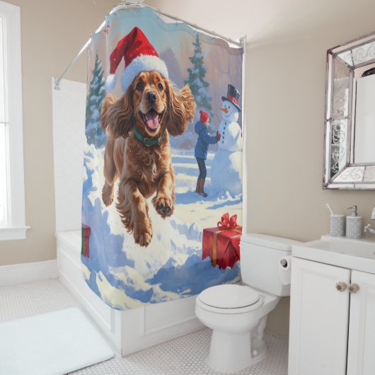 Cocker Spaniel Rent in de Sneeuw met Kerstmuts Douchegordijn (In situ)
