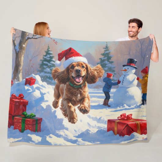Cocker Spaniel Rent in de Sneeuw met Kerstmuts Fleece Deken (In situ)