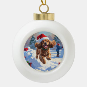 Cocker Spaniel Rent in de Sneeuw met Kerstmuts Keramische Bal Ornament