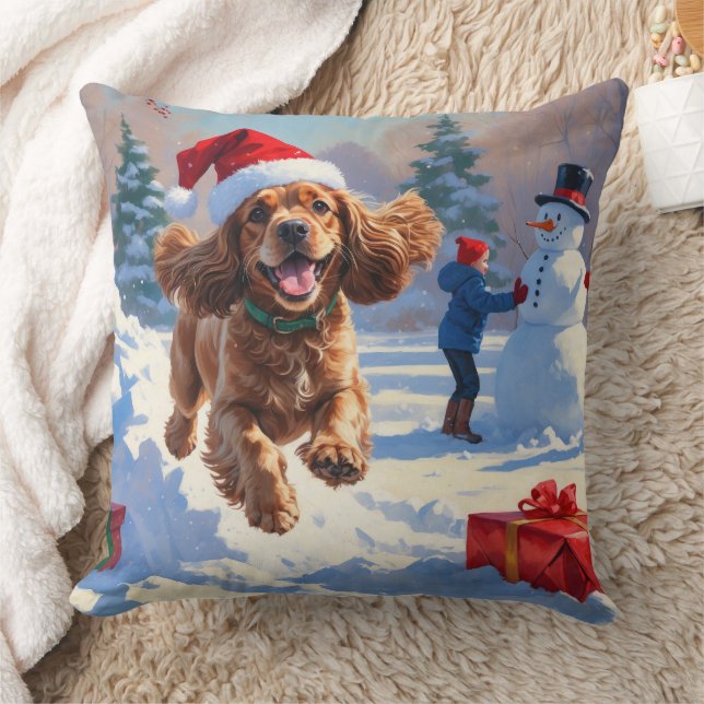 Cocker Spaniel rent in de sneeuw met kerstmuts Kussen (Deken)