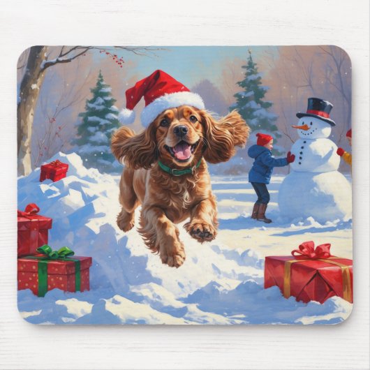 Cocker Spaniel rent in de sneeuw met kerstmuts Muismat (Voorkant)