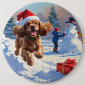 Cocker Spaniel rent in de sneeuw met kerstmuts Ronde Button 6,0 Cm (Voorkant)
