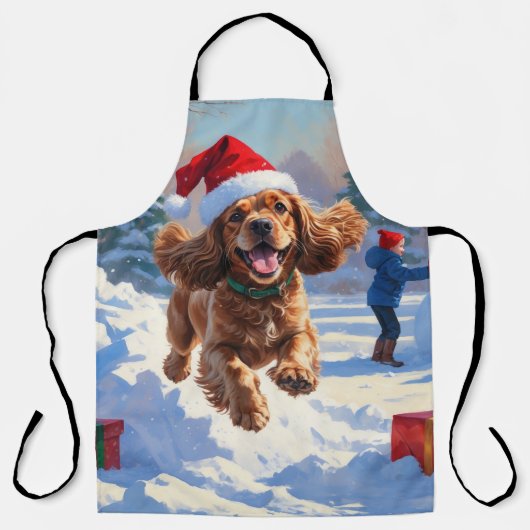 Cocker Spaniel Rent in de Sneeuw met Kerstmuts Schort (Voorkant)