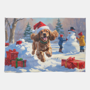 Cocker Spaniel Rent in de Sneeuw met Kerstmuts Theedoek