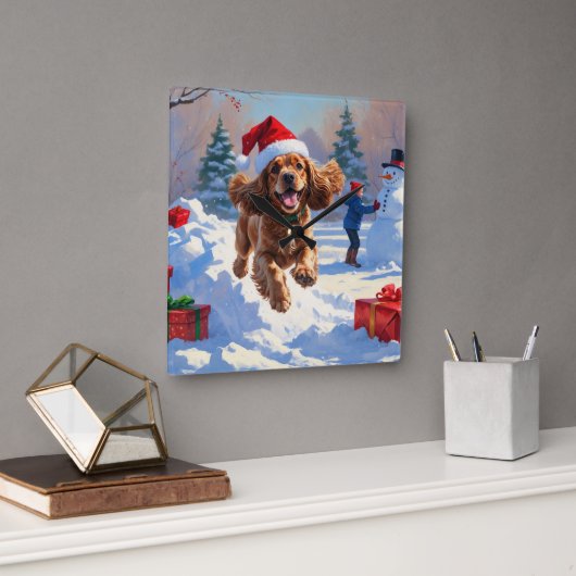 Cocker Spaniel Rent in de Sneeuw met Kerstmuts Vierkante Klok (Kantoor)