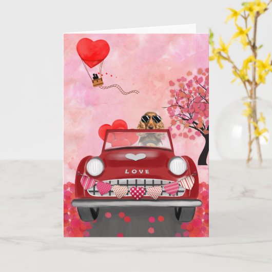 Cocker Spaniel Rijdt Auto met Hartjes Valentijn Kaart (Gele Bloem)