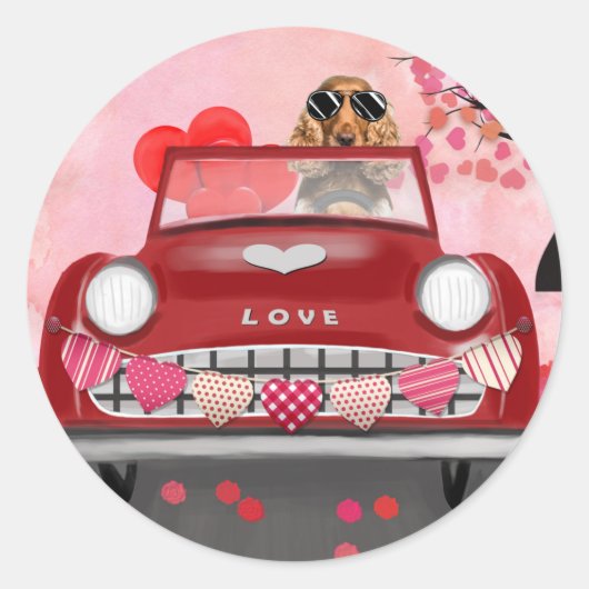 Cocker Spaniel Rijdt Auto met Hartjes Valentijnsda Ronde Sticker (Voorkant)